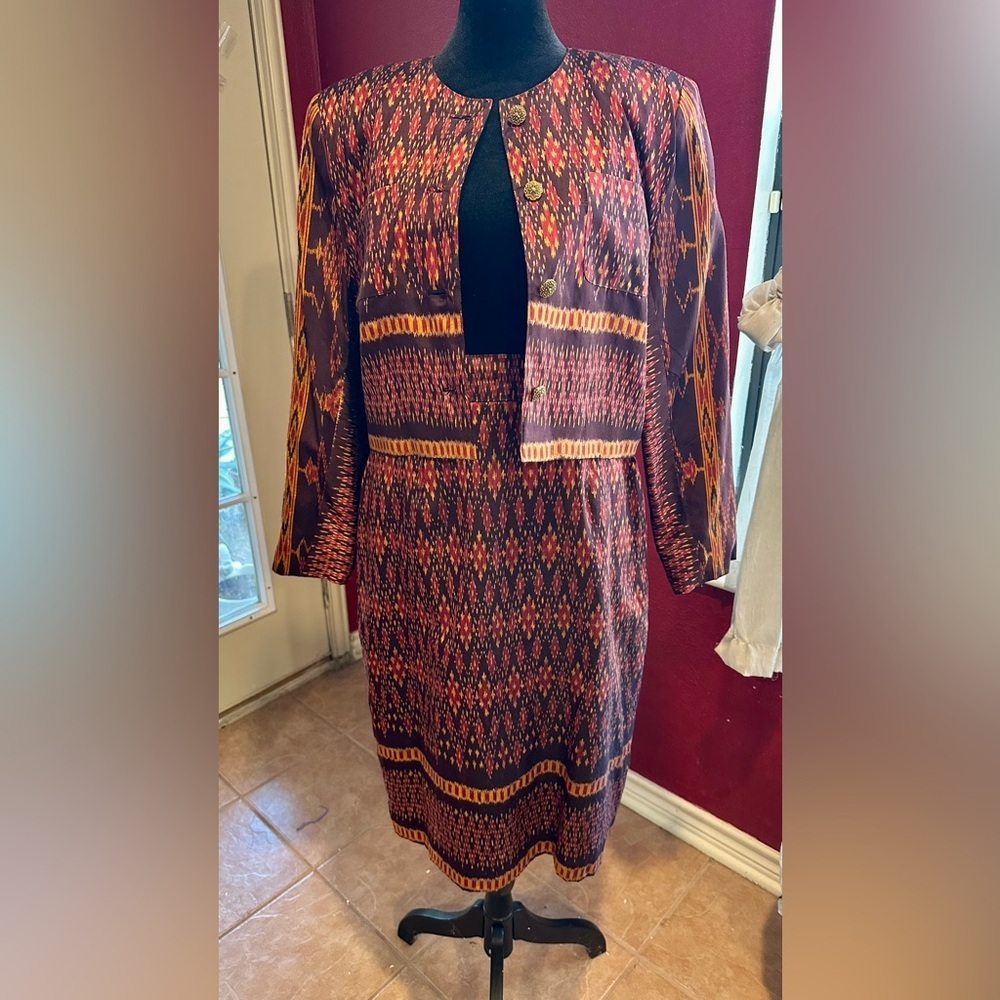 Vintage Alexandra Thai Silk Skirt Suit Set Jacket & Pencil Skirt Ikat Print Sz S